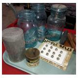 Tray Lot Of Ball Jars, Tins, Bells, Misc