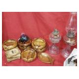 Lot Wood Dishes, Fondue Forks, Oil Lamps Misc