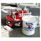 Musical firetruck item and fireman mug