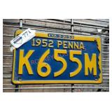 Pennsylvania license plate from 1952