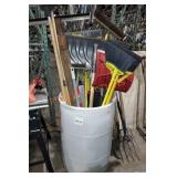 Plastic barrel full of mops/snow shovels &more