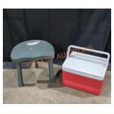 Green Wooden Stool and Red Igloo Cooler