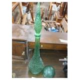 Green decanter and round glass orb