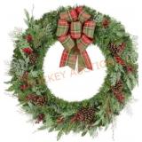 36" Pre Lit Wreath with Plaid Bow