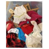 Tote of vintage doll clothes and furniture