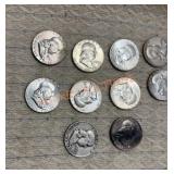 10 Benjamin Franklin silver half dollars