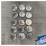15 silver JFK half dollars