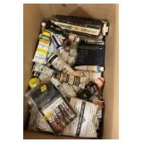 Box lot mixed art supplies, including oilpaints,