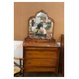 Vintage two drawer, dresser with mirror on casters