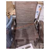 2 brown metal framed canvas seat outdoor chairs