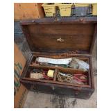 Vintage wooden tool box and contents