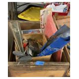 Wooden crate, full of miscellaneous garage items