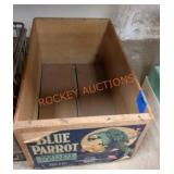 Vintage blue parrot Bartlett pears wooden crate