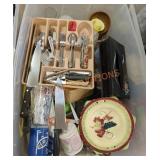 Large tote of misc household decor and essentials