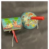 Vintage tin, baby toys