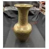 Vintage solid etched brass vase signed