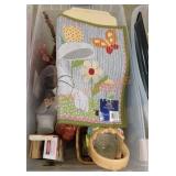 Large tote of misc household decor and essentials