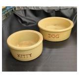 Ironstone dog and kitty bowls, kitty bowl has