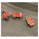 Vintage metal tootsie toy car, trailer and plow