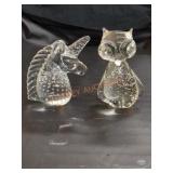 Unicorn and owl glass paperweights