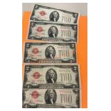 1928 series D two dollar bills ,five total , red