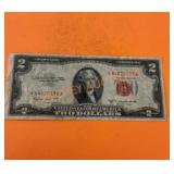 1953 series B red seal, two dollar bill
