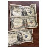 1957 series b, blue seal, one dollar bills ,three