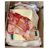 Box lot, vintage fabric, and table linens