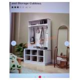 Gray Cabinet with Hooks and Storage Cubbies