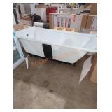 60" W x 32" D white bathtub drain on right