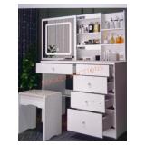 5-Drawers White Wood LED Push-Pull Mirror Makeup