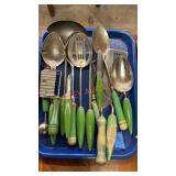 Tray lot vintage green handled kitchen utensils