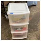 Rolling three drawer plastic cart includes