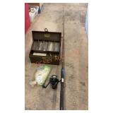 Fishing rod, and metal tacklebox and fishing gear