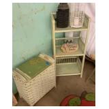 Antique wicker, hamper/stool, and small three