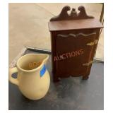 Vintage pottery pitcher and small wooden storage