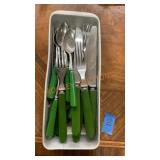 Vintage green Bakelite handled silverware set