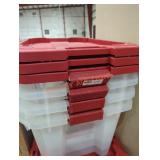 4 husky 25 gal totes with 3 red lids