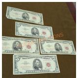 Series 1953a and series 1963 red sealed $5 dollar