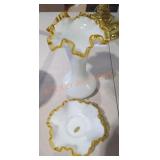 Vintage Fenton Milk Glass With Amber Ribbon Vase