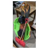 Snow sleds, snowboard and shovel lot
