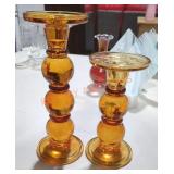 Pair of Amber Glass Candle Stick Holders