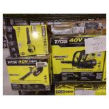 Shelf Lot Ryobi 4- 40v Blowers, 1- 40v Backpack