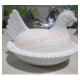 Vintage Milk Glass Hen on Nest Covered Dish