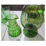 Vintage MCM  Green hobnail Pitcher & Green Glass
