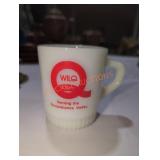 WILQ Fire King Milk Glass Advertising Mug