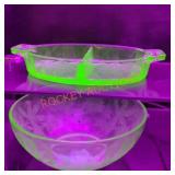 Vintage uranium/vaseline glass split dish and bowl