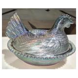 Vtg Blue Carnival Glass Hen on Nest Covered Dish