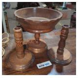 Wooden Candlesticks & Pedestal Dish