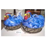 Temp-tations Blue Ceramic Hens on Wire Casserole